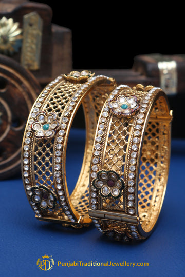 Antique Gold Rubby Green Polki Karra Bangles (Pair) By Punjabi Traditional Jewellery